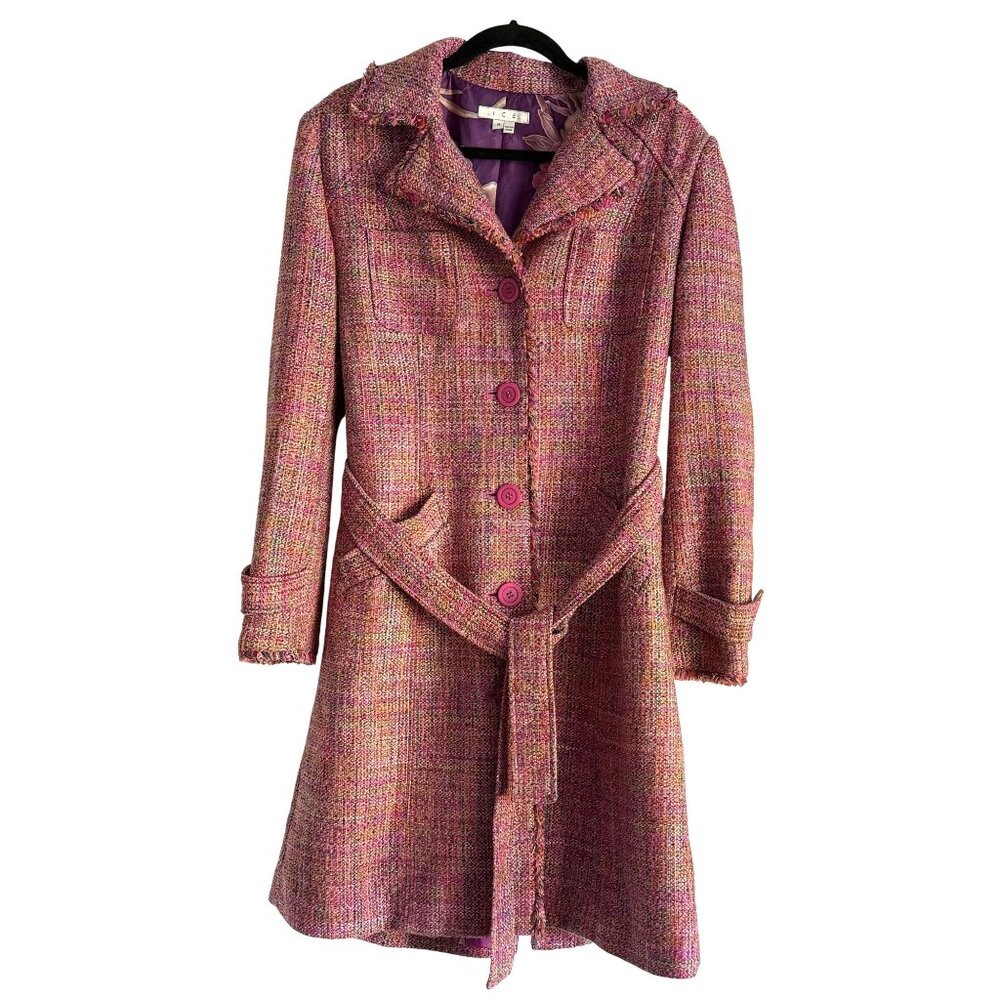 Y2K Pink Purple Coat Tweed Long I.C.E. Size 10 Belted Silk Blend Pastel